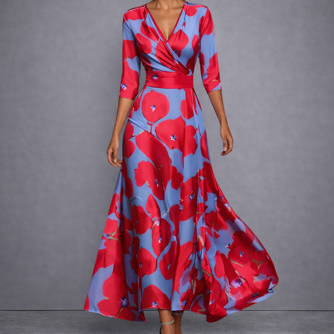 Floral Print V-Neck Belted Waist Fit and Flare Maxi Dress 3