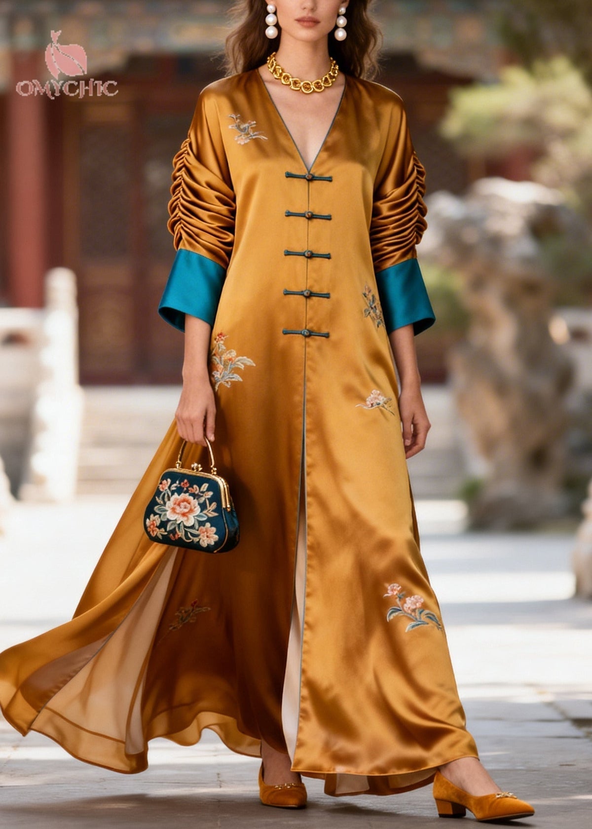 Floral Embroidery Frog Button V-Neck Ruched Sleeve Maxi Gown - View 3