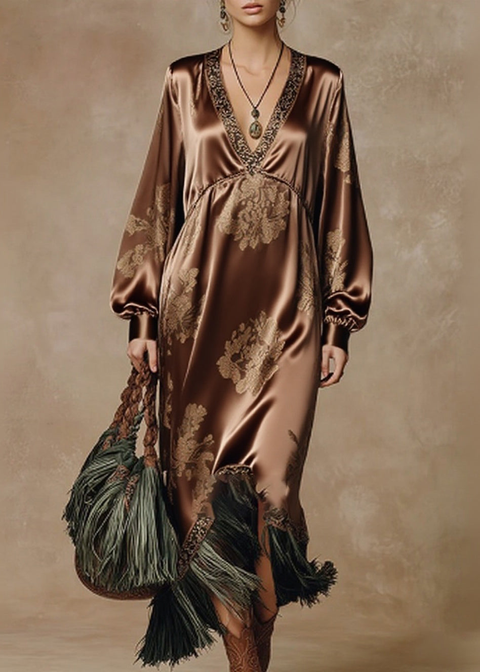 Floral Jacquard Deep V-Neck Bishop Sleeve Tassel Fringe Hem Maxi Gown - View 5