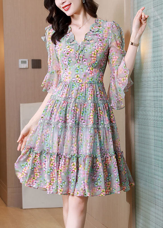 Floral Print Deep V-Neck Ruffle Trim Bell Sleeve Lace Mini Dress