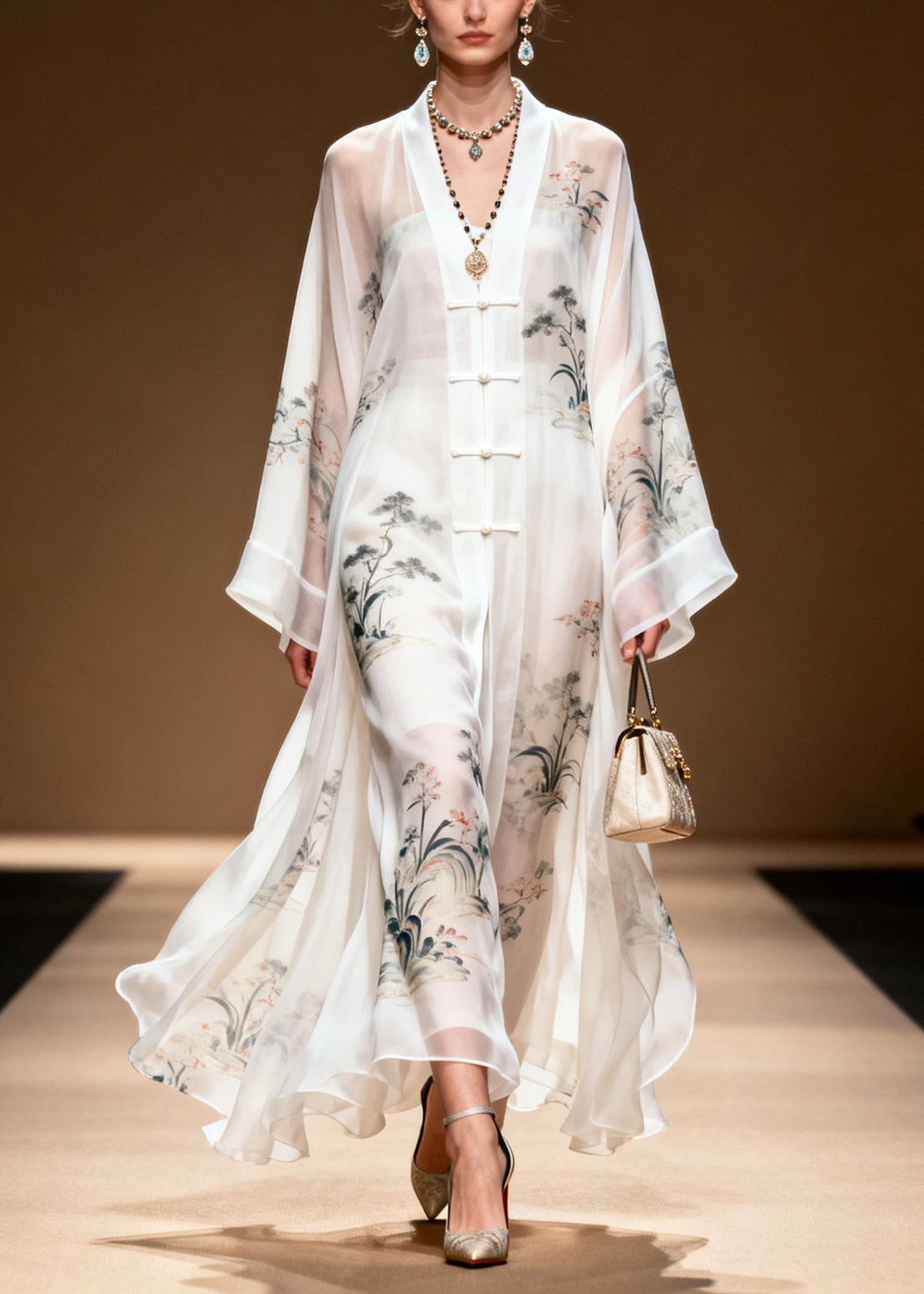 Chiffon Frog Button Draped Layered Kimono Sleeve Maxi Dress