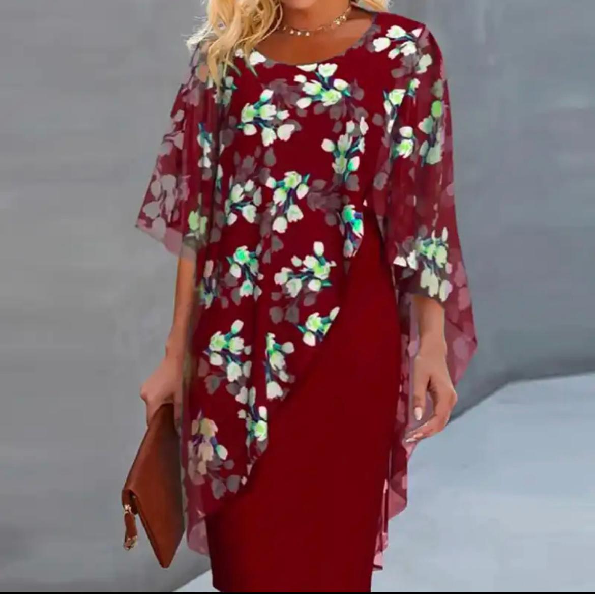 Floral Chiffon Overlay Asymmetrical Flutter Sleeve Sheath Midi Dress - View 3