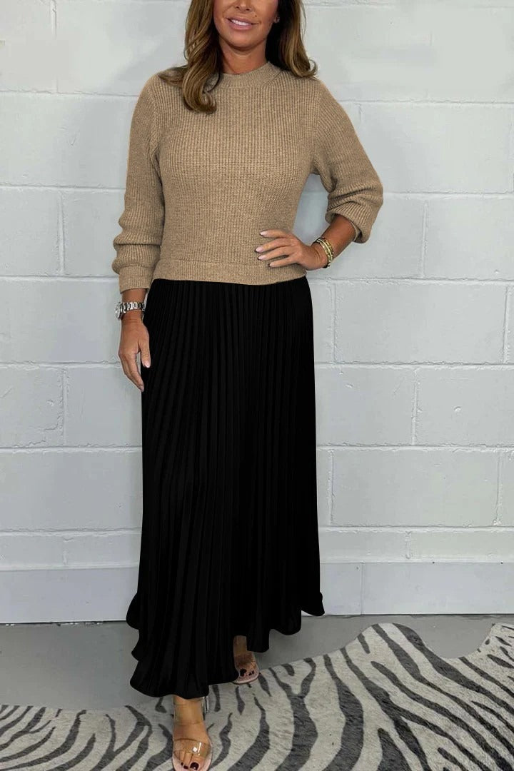 Crew Neck Long Sleeve Ribbed Knit Top Pleated Maxi Dress 5
