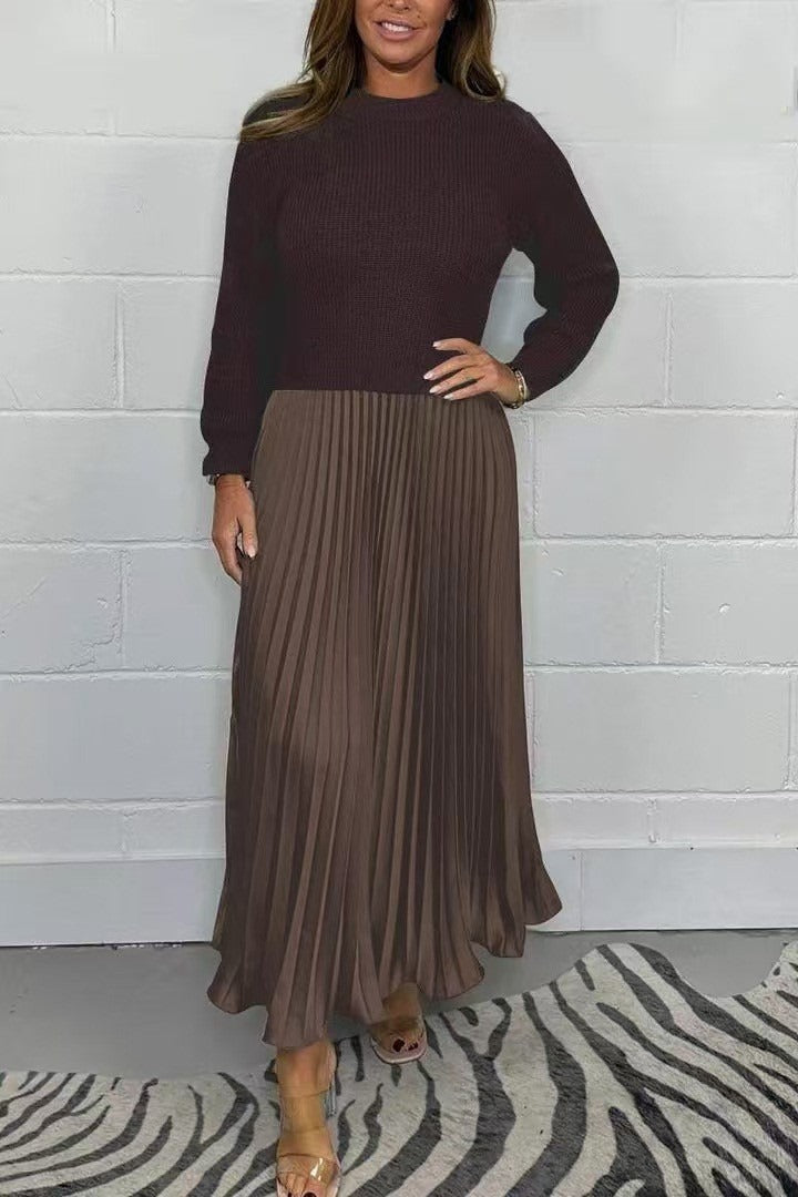 Crew Neck Long Sleeve Ribbed Knit Top Pleated Maxi Dress 8