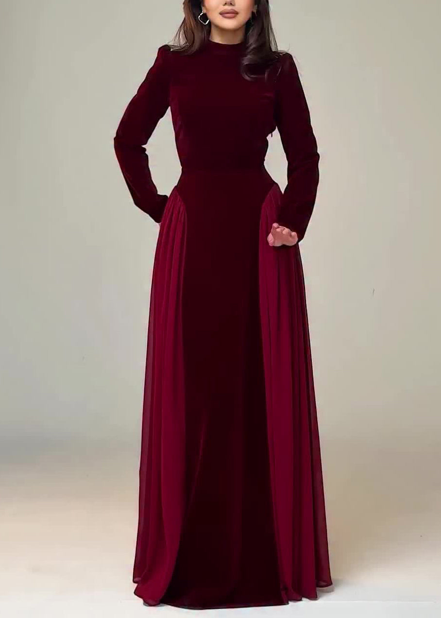 Velvet Mock Neck Long Sleeve Chiffon Pleated Panel Maxi Gown