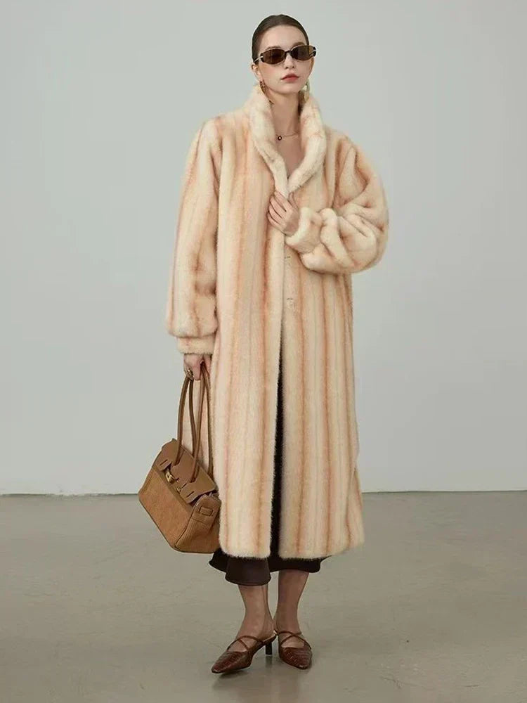 Elegant Standing Collar Faux Fur Mink Overcoat