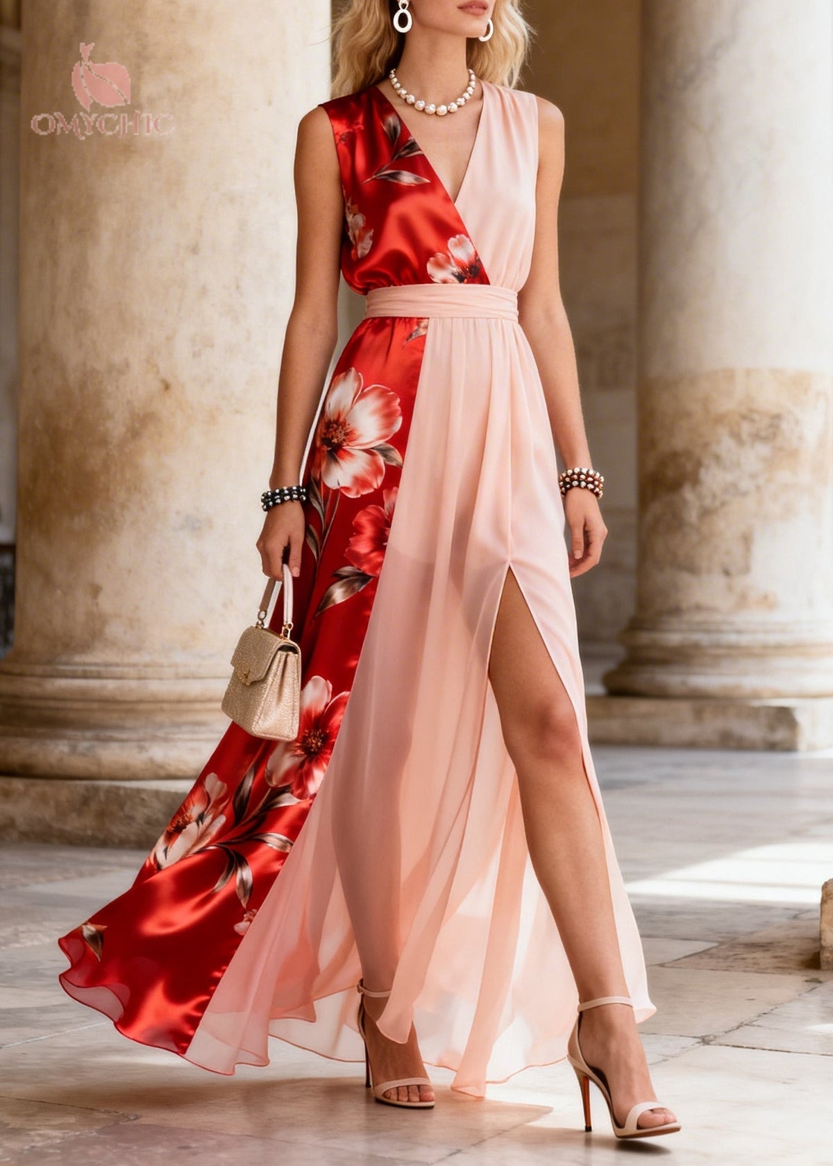 Floral V-Neck Sleeveless Wrap High Split Chiffon Maxi Dress - View 5