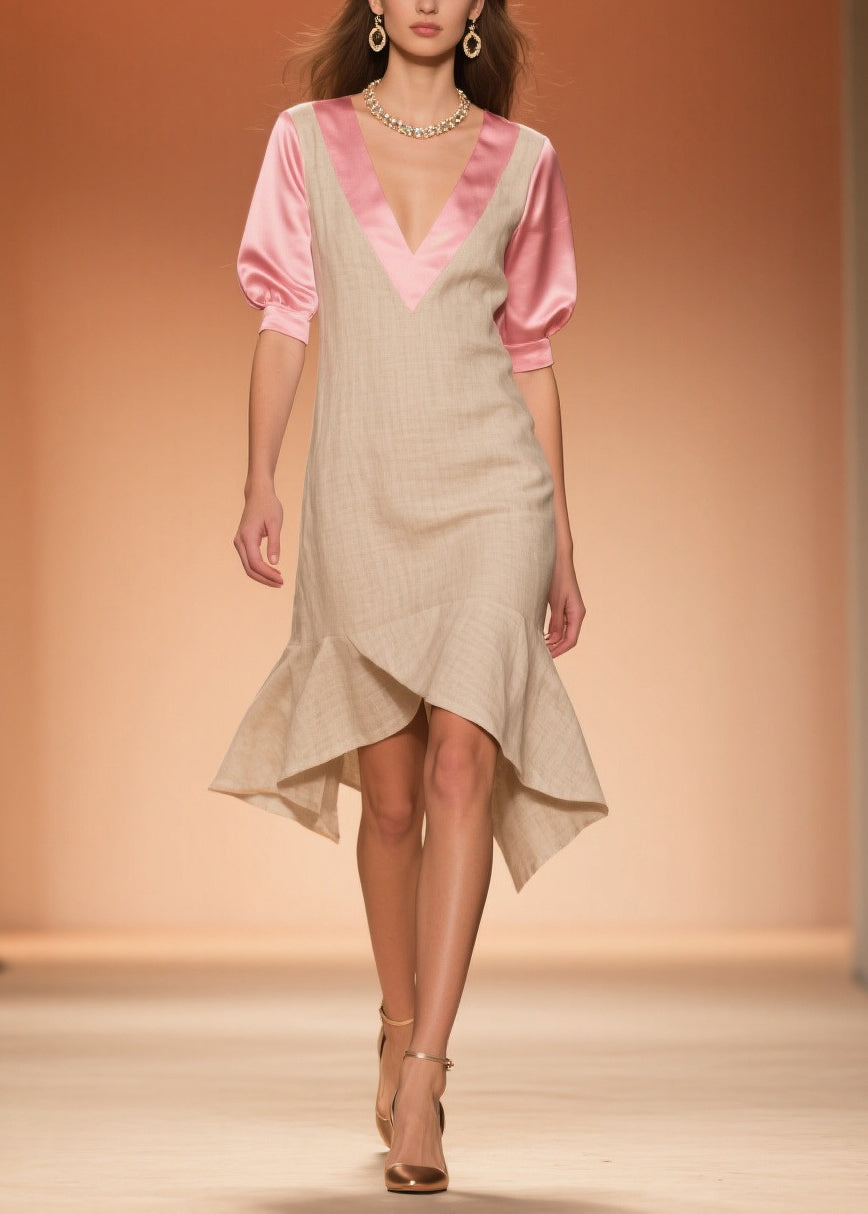 Faux Two-Piece Deep V-Neck Short Puff Sleeve Woven Midi Dress - View 3