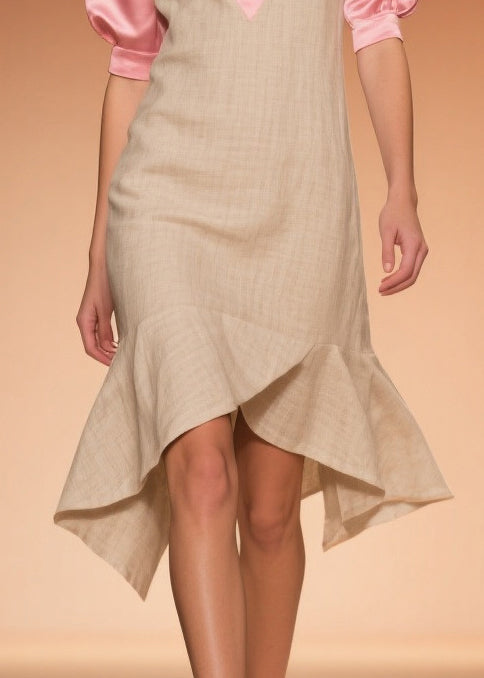 Faux Two-Piece Deep V-Neck Short Puff Sleeve Woven Midi Dress - View 4