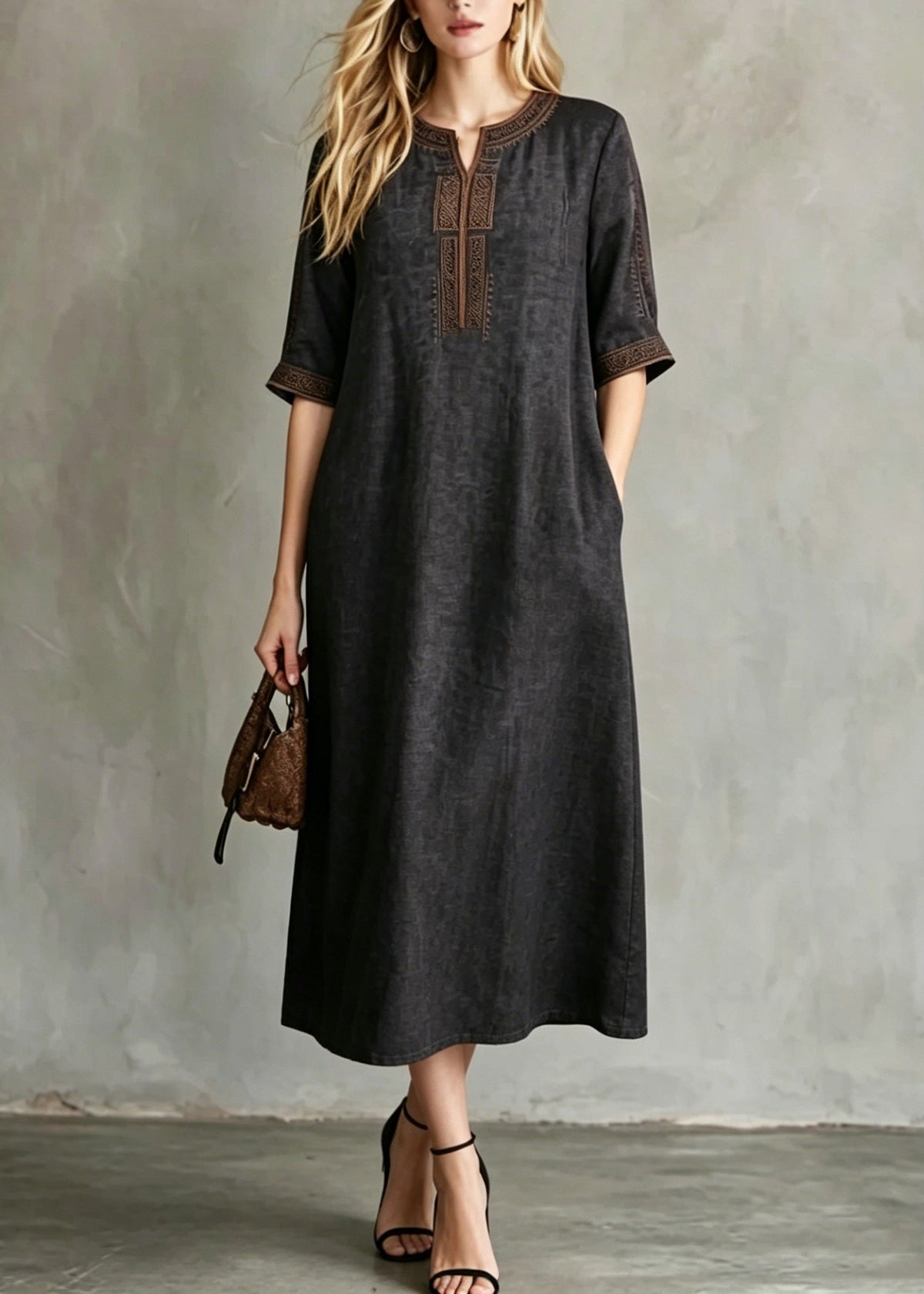 Embroidered Split Neck Elbow Sleeve Side Pocket Woven Shift Midi Dress - View 5