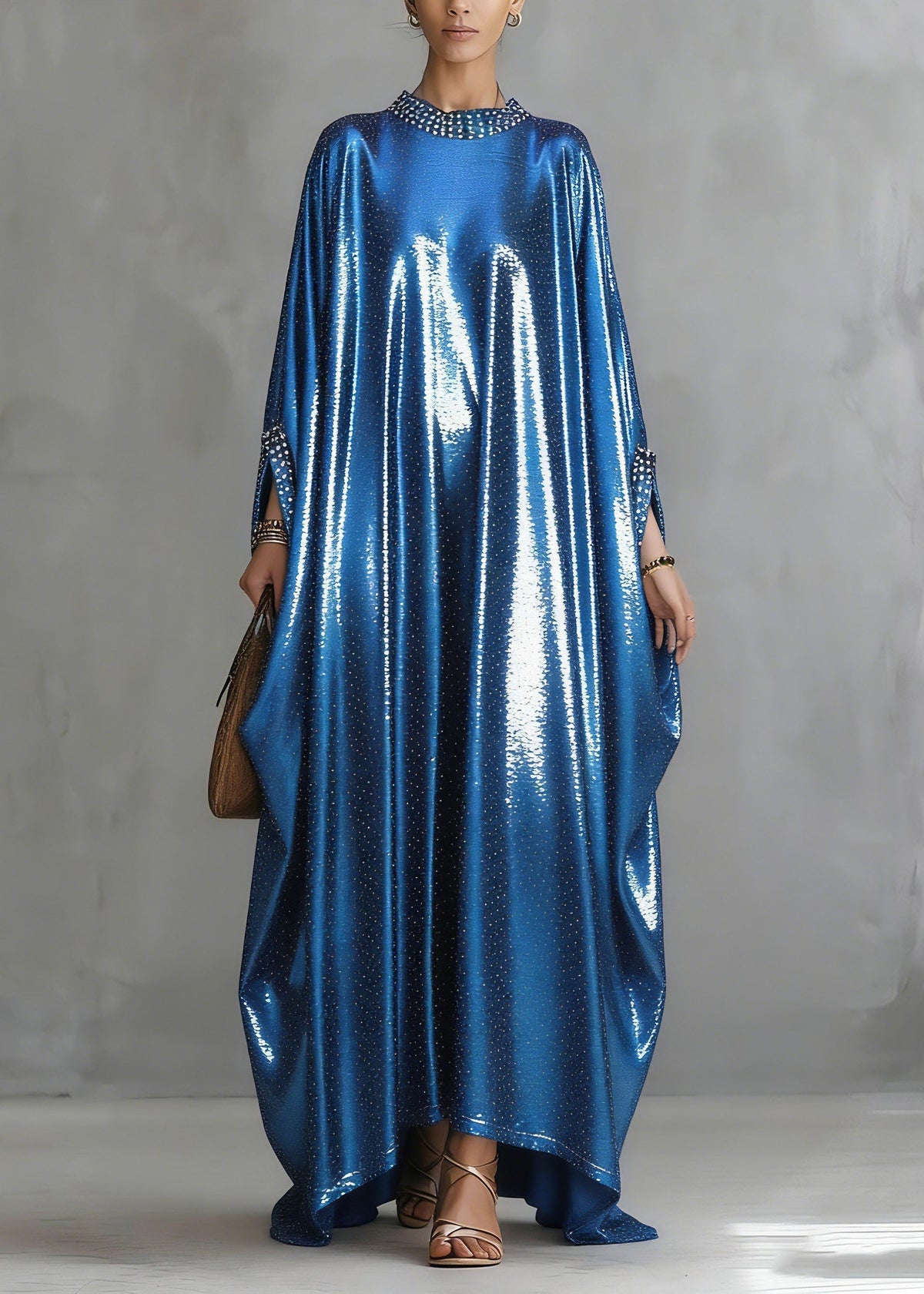 Satin Rhinestone Trim Glitter Wide Sleeve Kaftan Maxi Gown