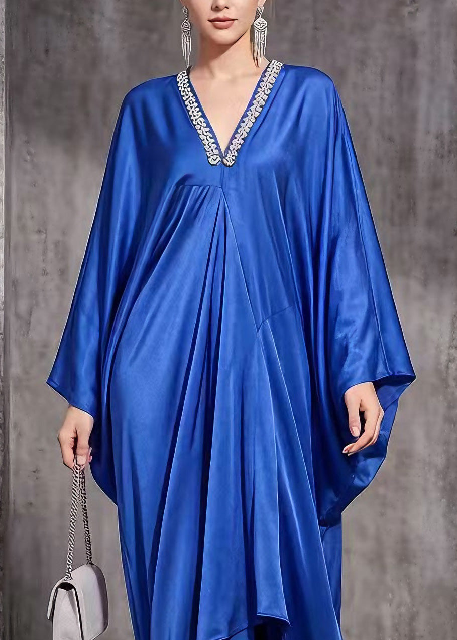 Satin Rhinestone Deep V-Neck Batwing Sleeve Draped Kaftan Maxi Gown - View 2