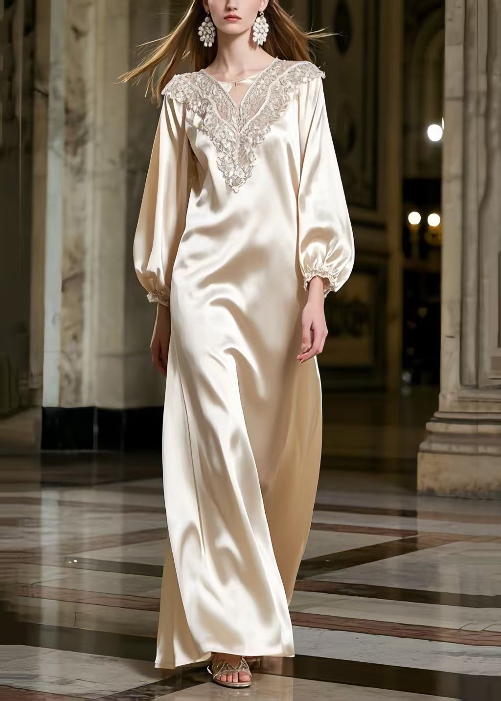 Satin Lace Collar Embroidered Bishop Sleeve Flowy Maxi Gown - View 3