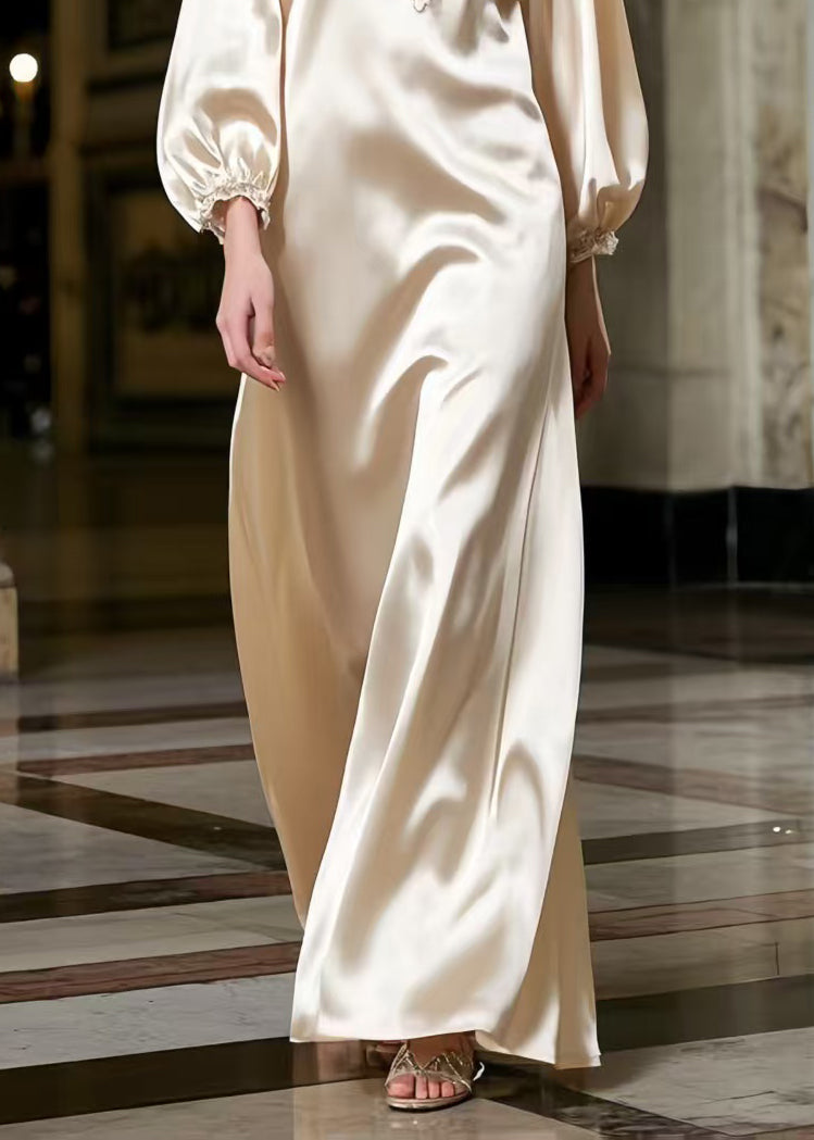 Satin Lace Collar Embroidered Bishop Sleeve Flowy Maxi Gown - View 4