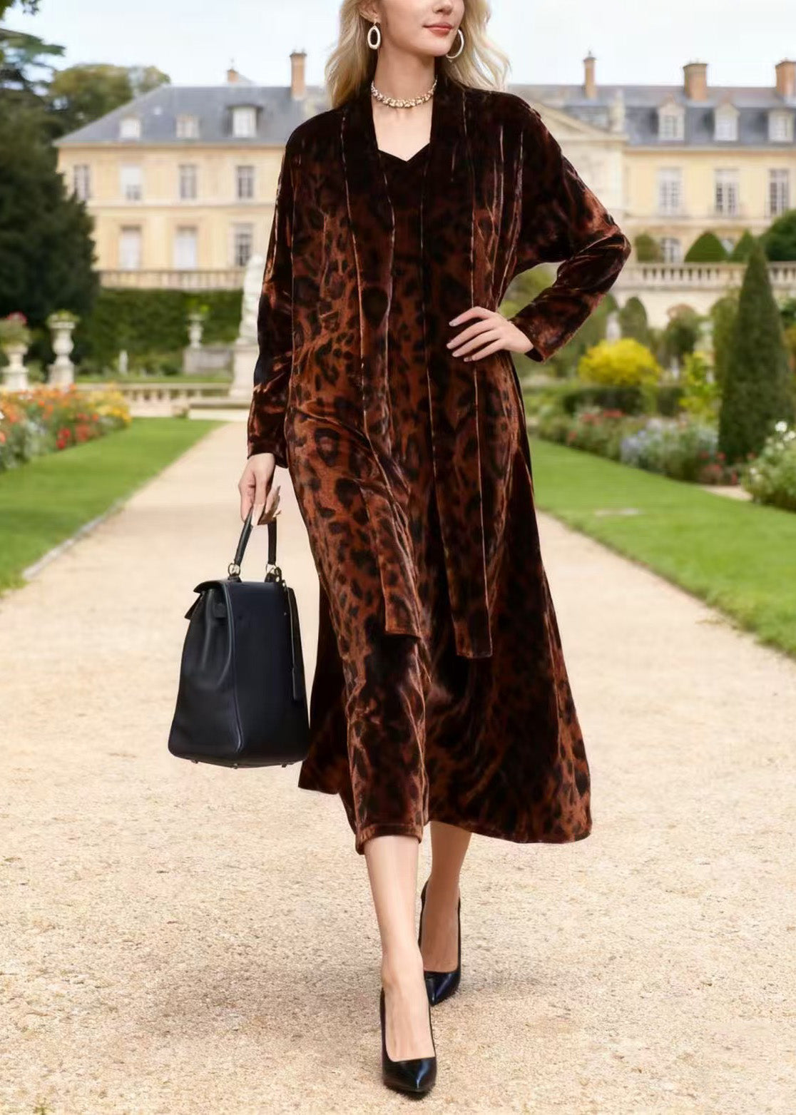 Leopard Print Velvet V-Neck Midi Open Front Long Sleeve Robe Set