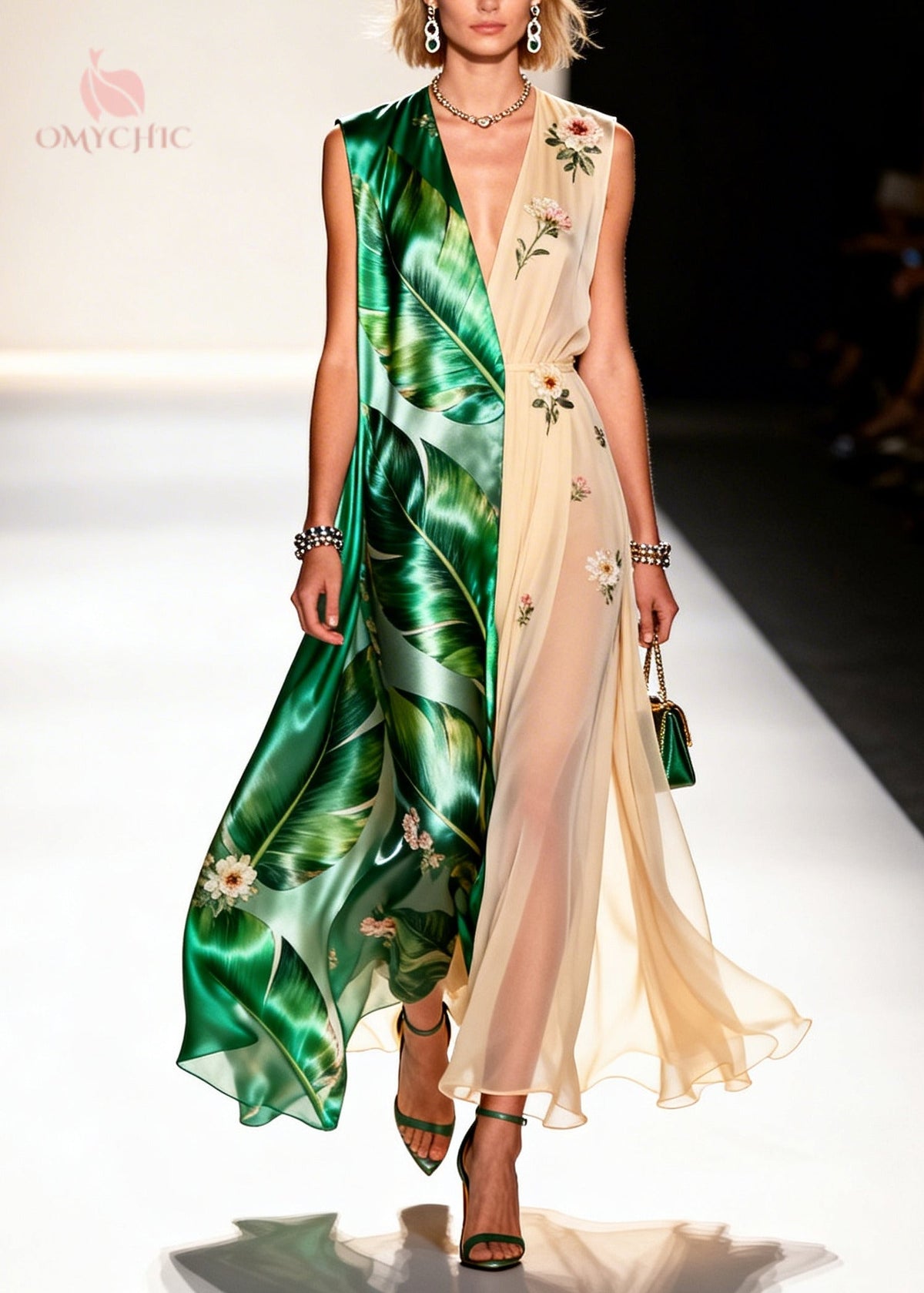 Palm Leaf Print Deep V-Neck Split Front Sheer Maxi Party Dress