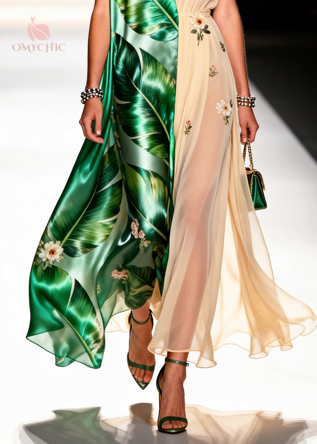 Palm Leaf Print Deep V-Neck Split Front Sheer Maxi Party Dress - View 4