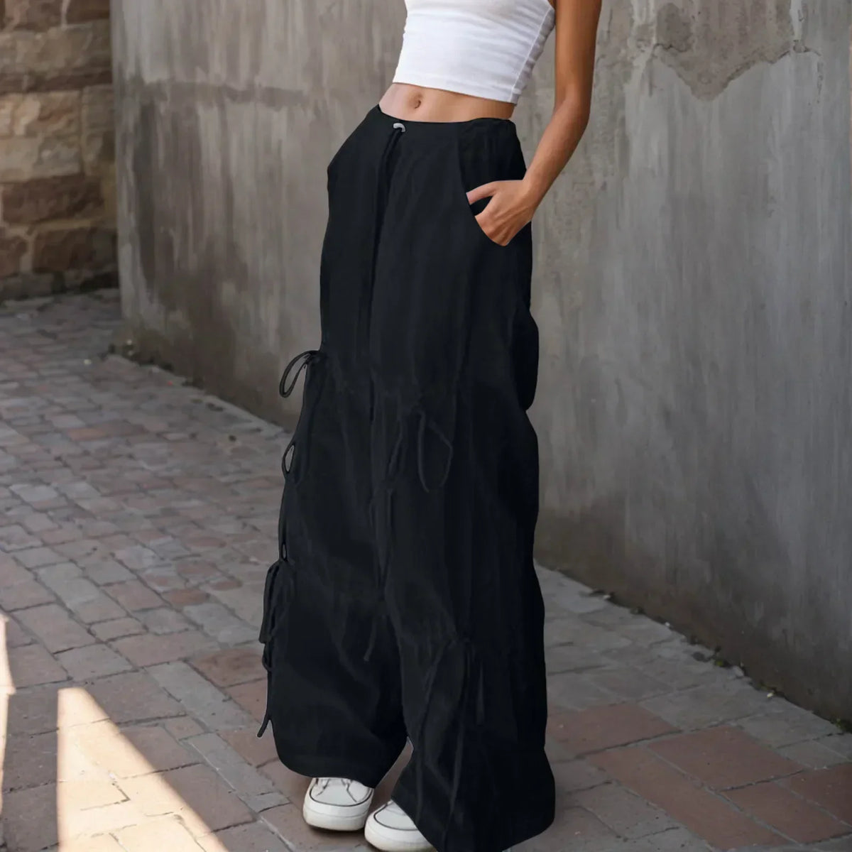 Pleated Wide Leg Sports Bow Tie Pants