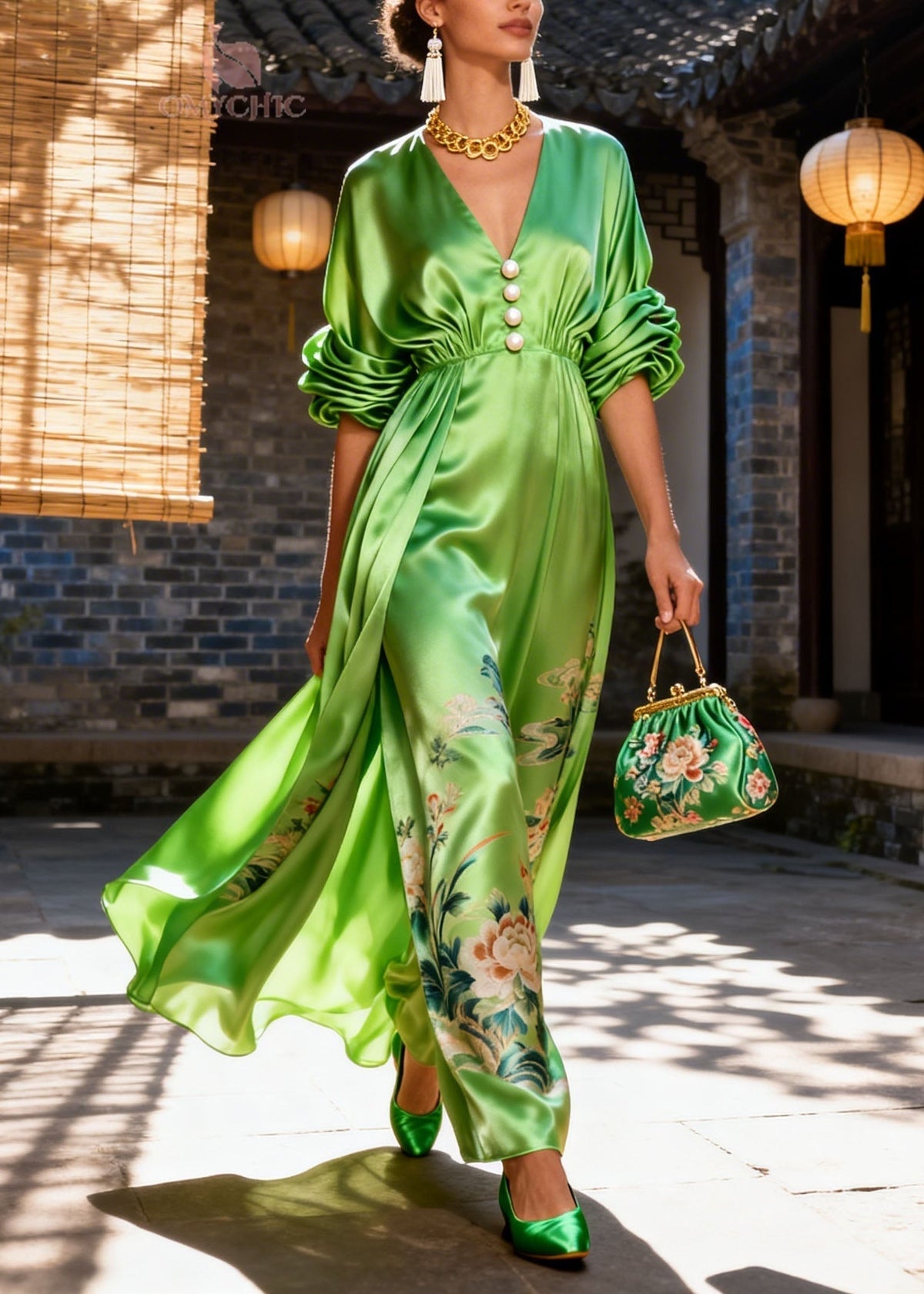 Satin Deep V-Neck Pearl Button Puff Sleeve Floral Maxi Gown