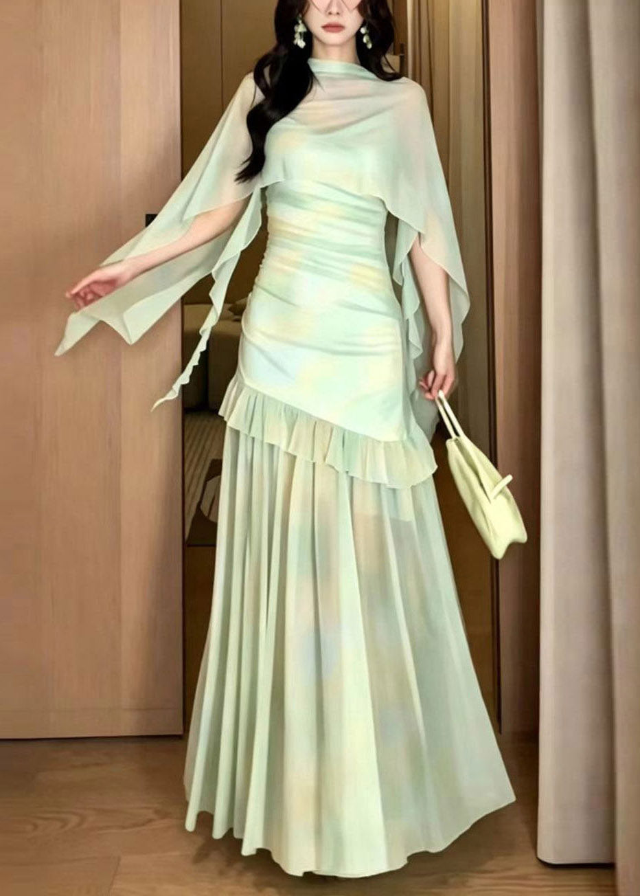 Women Light Green Print Tulle Maxi Dress And Cape Two Piece Set Summer - View 3