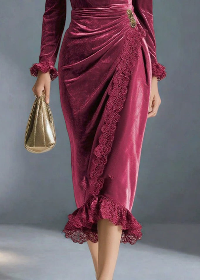 Velvet Cowl Neck Long Sleeve Lace Trim Ruched Wrap Midi Party Dress - View 4