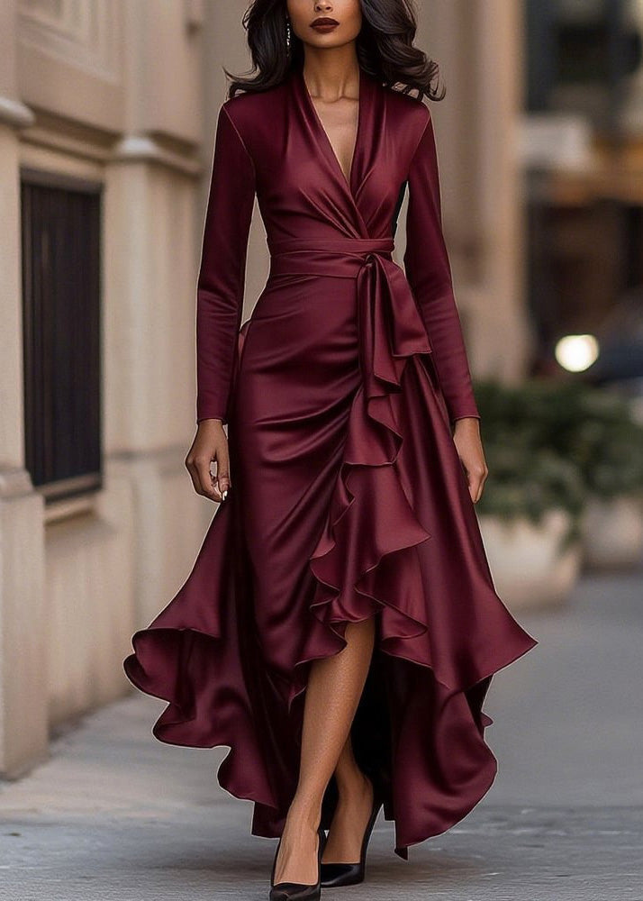 Satin Long Sleeve Ruffle Cascade High Low Maxi Gown - View 5