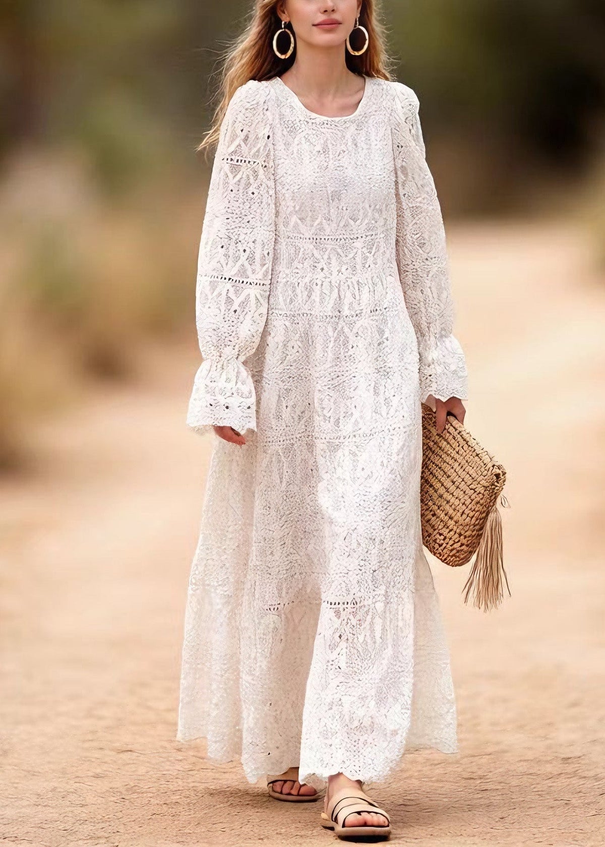 Lace Eyelet Round Neck Puff Sleeve Tiered Ruffle Maxi Dress - View 3