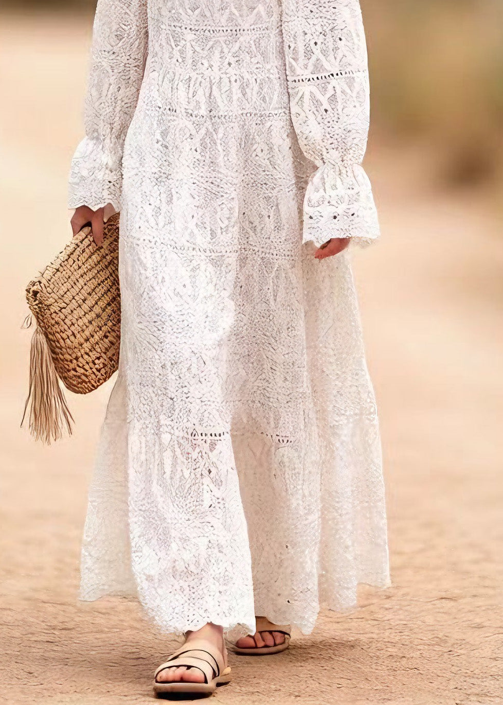 Lace Eyelet Round Neck Puff Sleeve Tiered Ruffle Maxi Dress - View 4