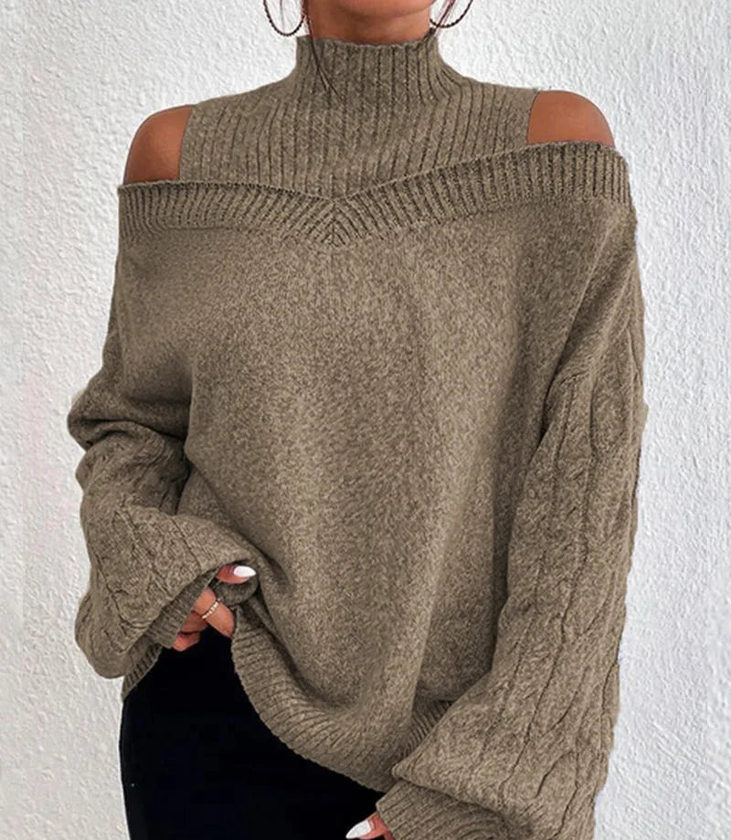 Off Shoulder Semi High Neck Knit Sweater khaki / S