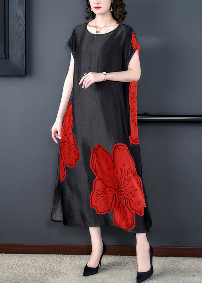 Floral Print Short Sleeve Round Neck Side Slit Satin Maxi Dress - View 3