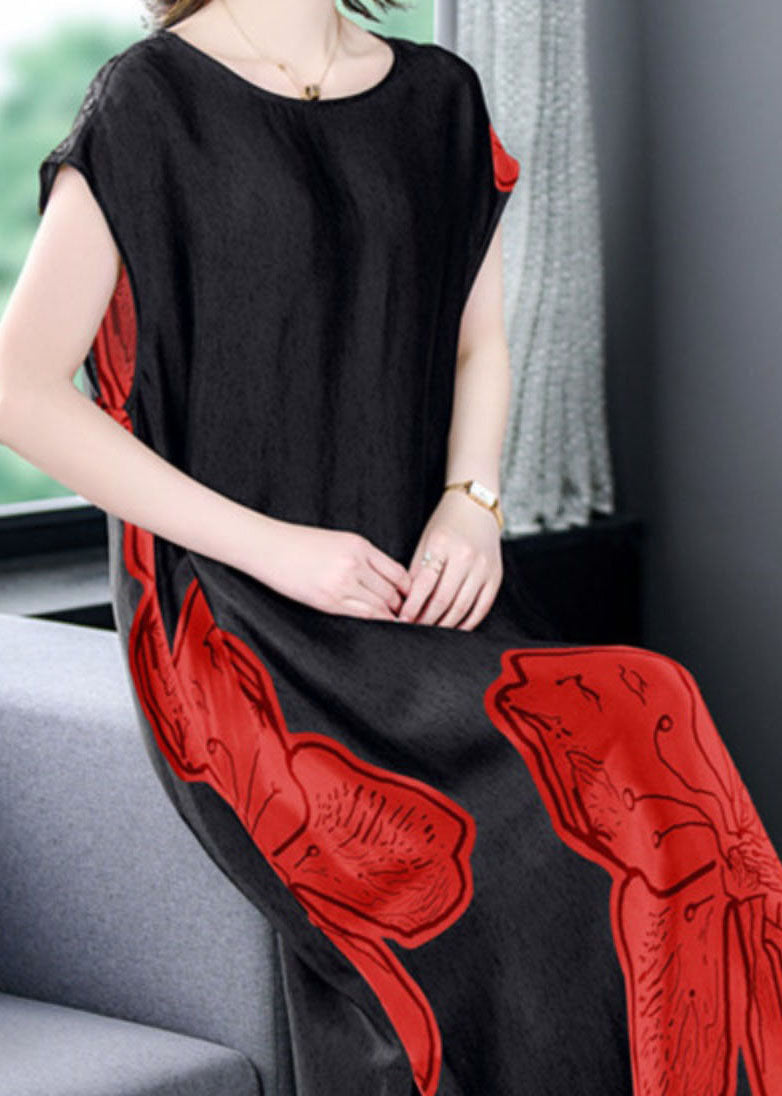 Floral Print Short Sleeve Round Neck Side Slit Satin Maxi Dress - View 5