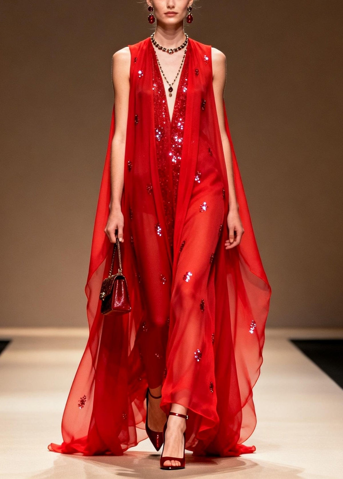 Sequin Deep V-Neck Sleeveless Sheer Cape Evening Gown