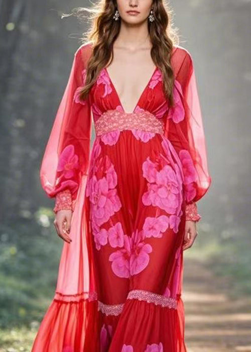 Floral Print Deep V-Neck Long Puff Sleeve Lace Trim Tiered Maxi Gown - View 2