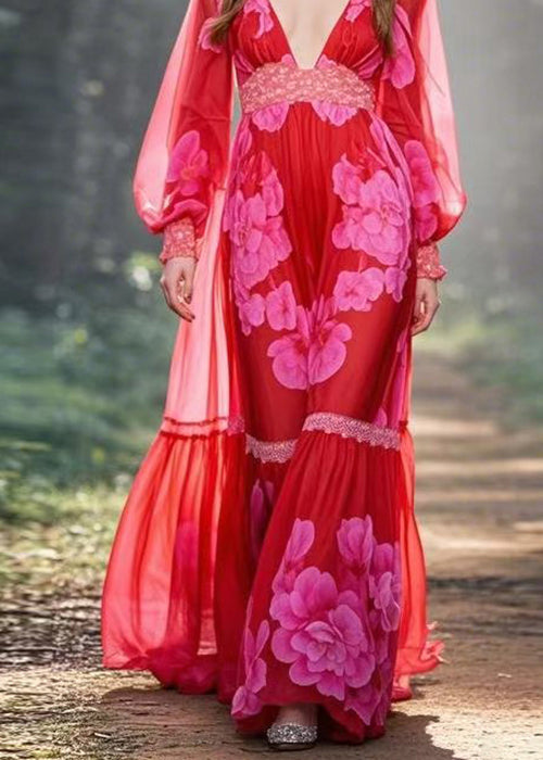 Floral Print Deep V-Neck Long Puff Sleeve Lace Trim Tiered Maxi Gown - View 4