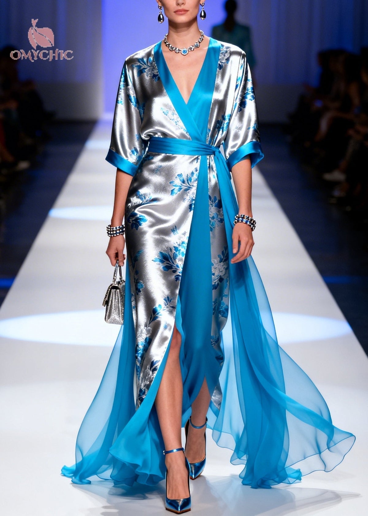 Floral Print Wrap V-Neck Sleeve Sash Waist High Split Sheer Gown - View 5