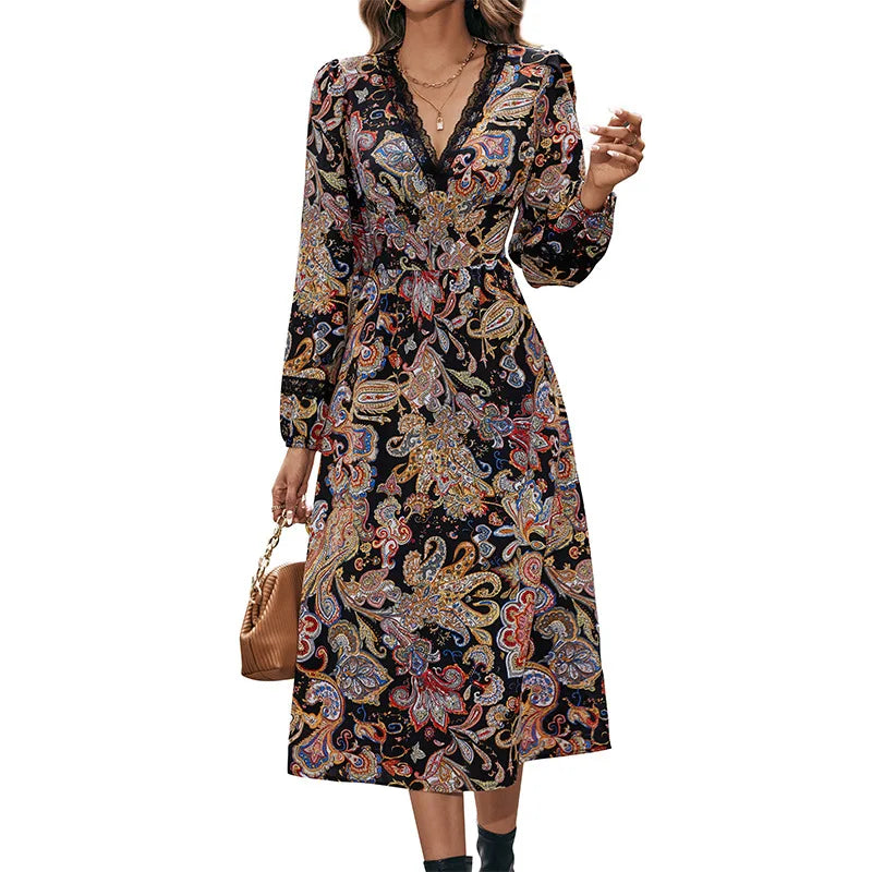 V-Neck Long Sleeve Lace Trim Paisley Print A-Line Midi Dress 5