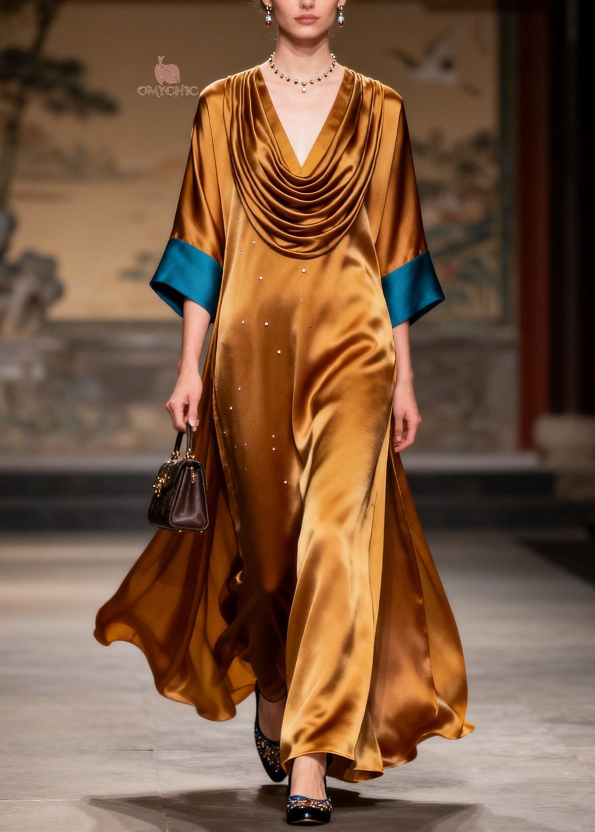 Satin Rhinestone Cowl Neck Contrast Cuff Wide Sleeve Maxi Gown