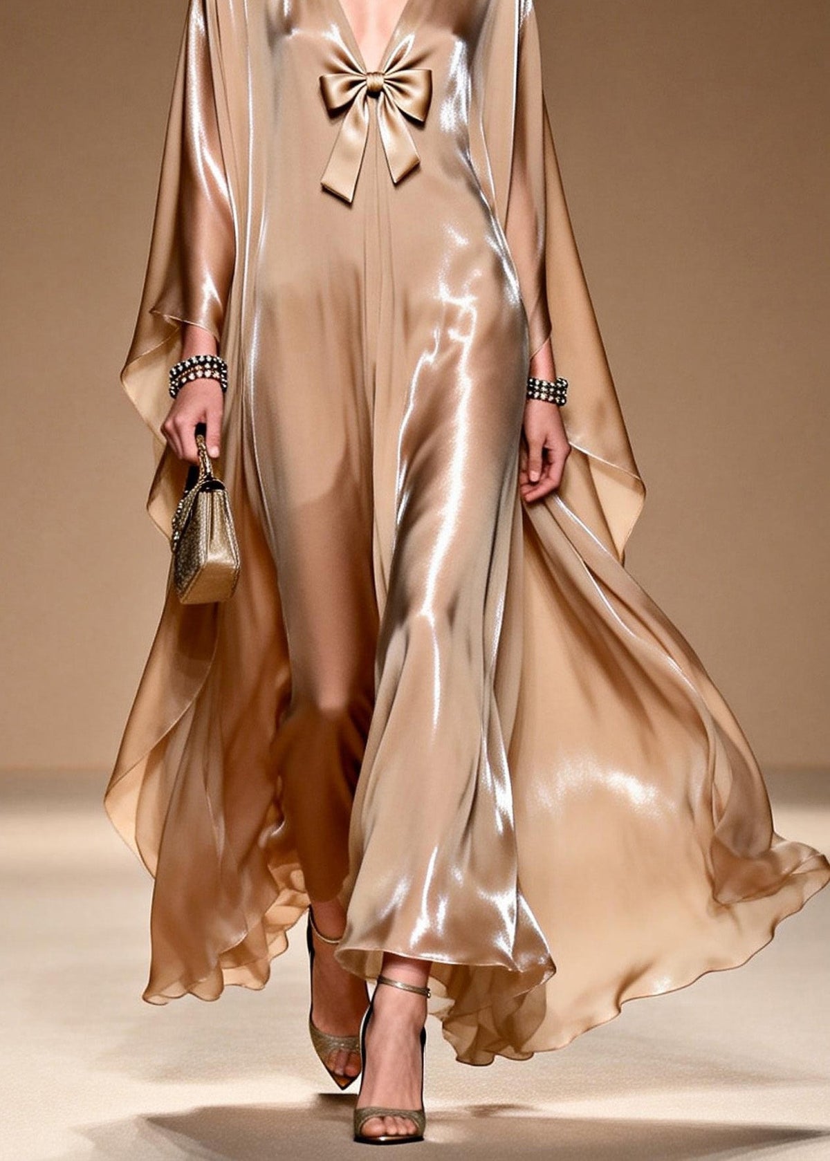 Satin Deep V-Neck Bow Trim Cape Sleeve Kaftan Maxi Gown - View 4