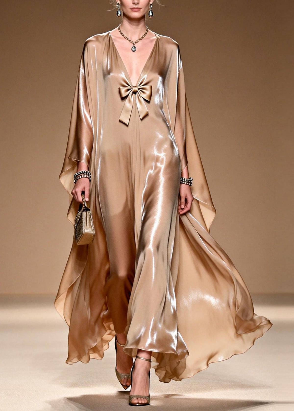 Satin Deep V-Neck Bow Trim Cape Sleeve Kaftan Maxi Gown - View 5