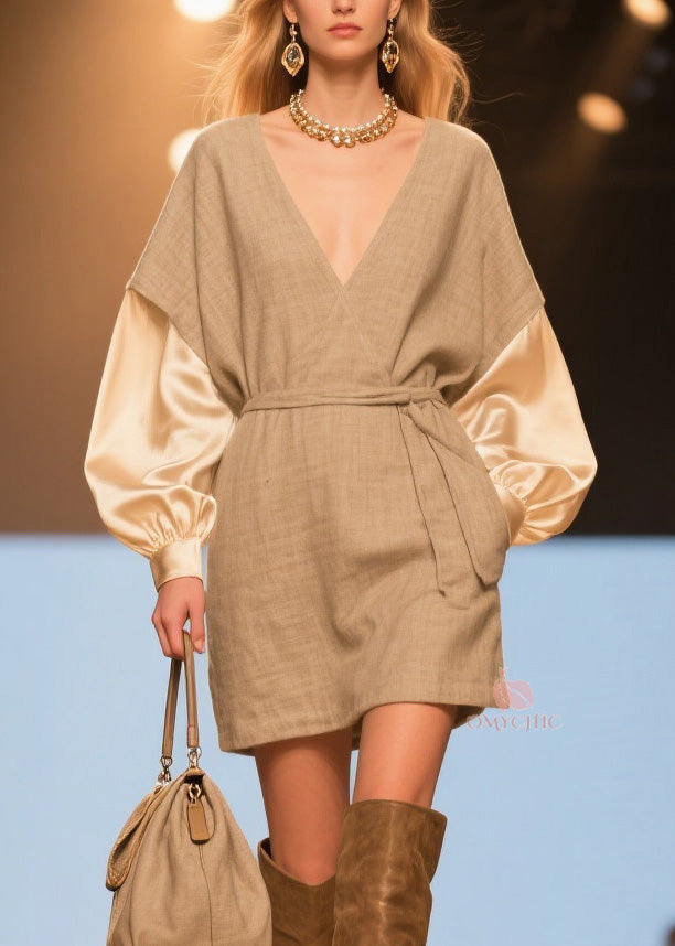 Wrap V-Neck Tie Waist Satin Balloon Sleeve Woven Mini Dress - View 2
