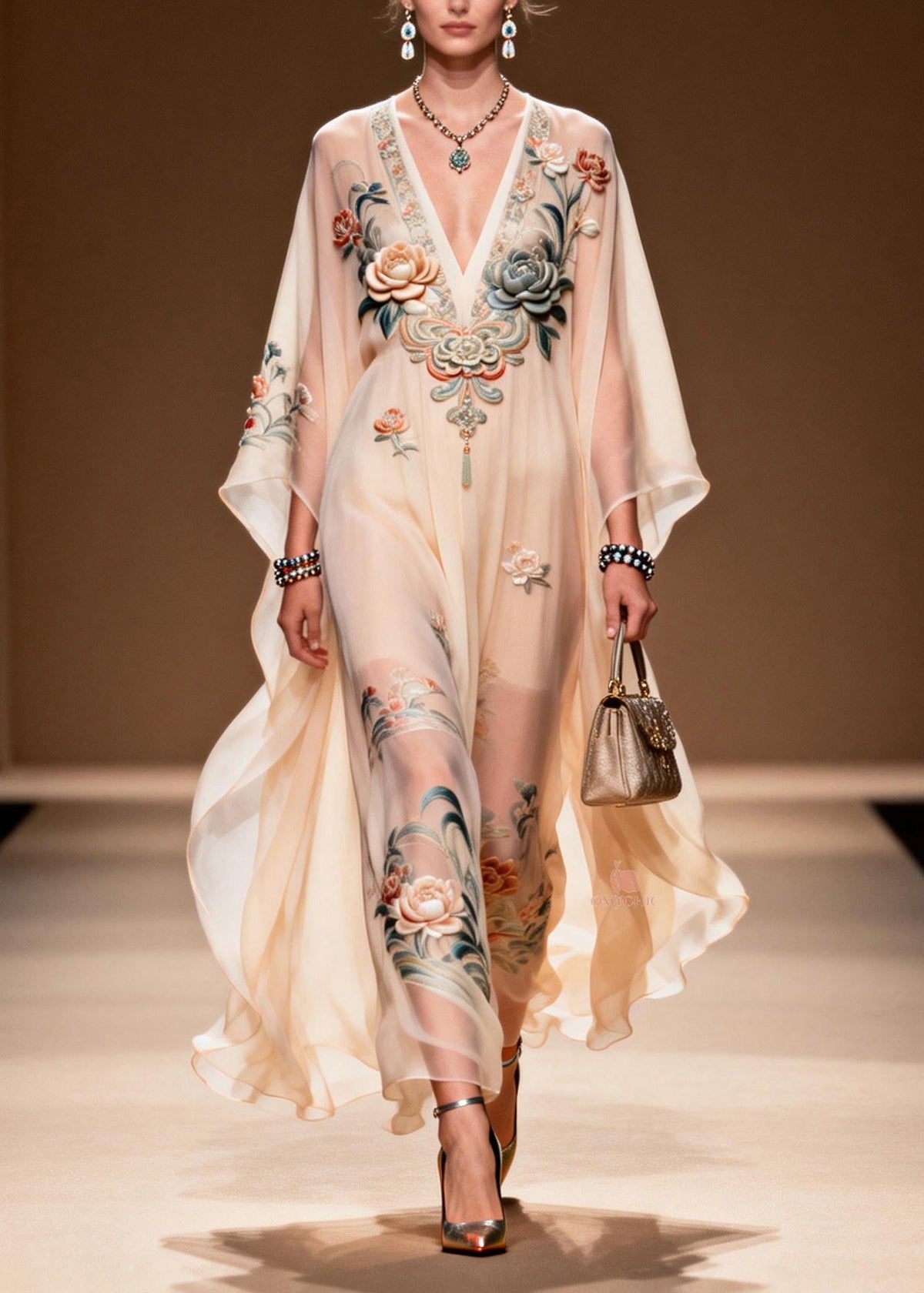 Floral Embroidered Butterfly Deep V-Neck Ruffled Hem Maxi Dress - View 3