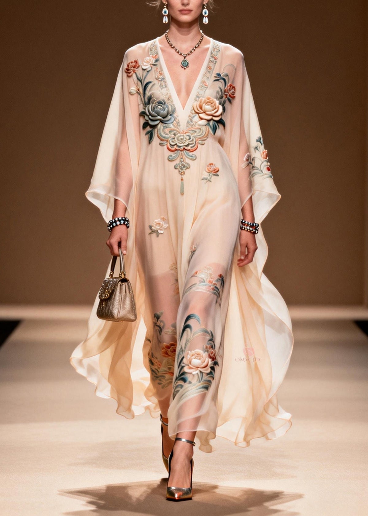 Floral Embroidered Butterfly Deep V-Neck Ruffled Hem Maxi Dress - View 5