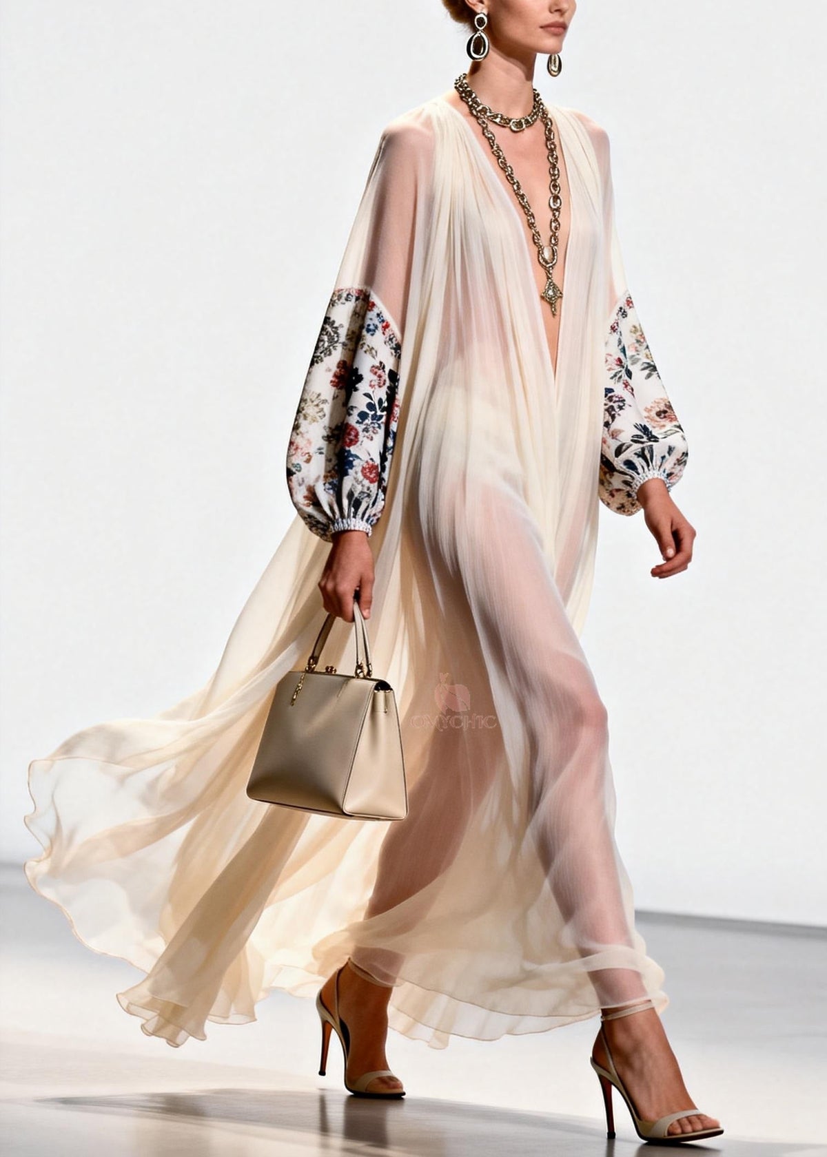 Floral Print Deep V-Neck Balloon Sleeve Sheer Pleated Maxi Gown - View 5