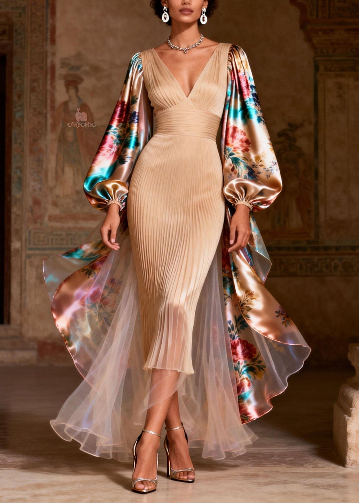 V-Neck Accordion Pleat Floral Puff Sleeve Sheer Cape Train Midi Dress - View 3
