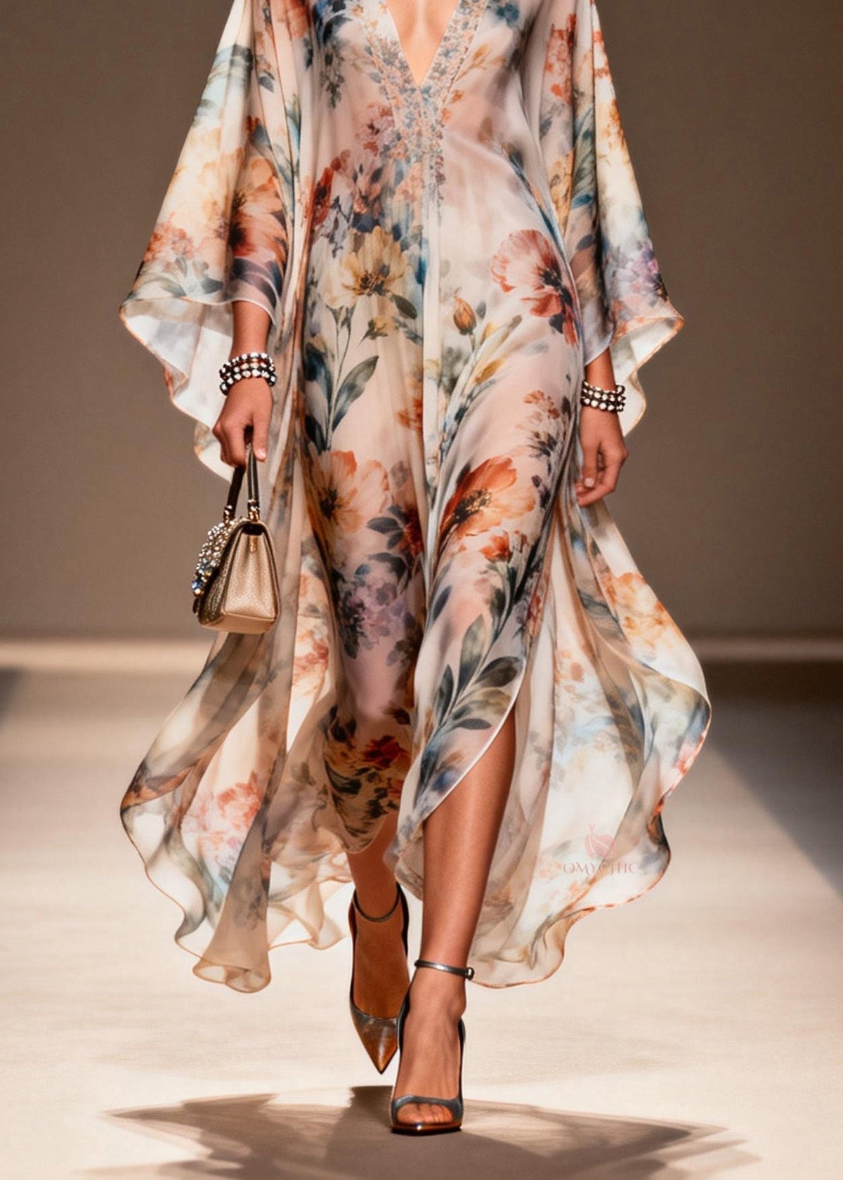 Floral Print Deep V-Neck Butterfly Sleeve Sheer Maxi Dress - View 4