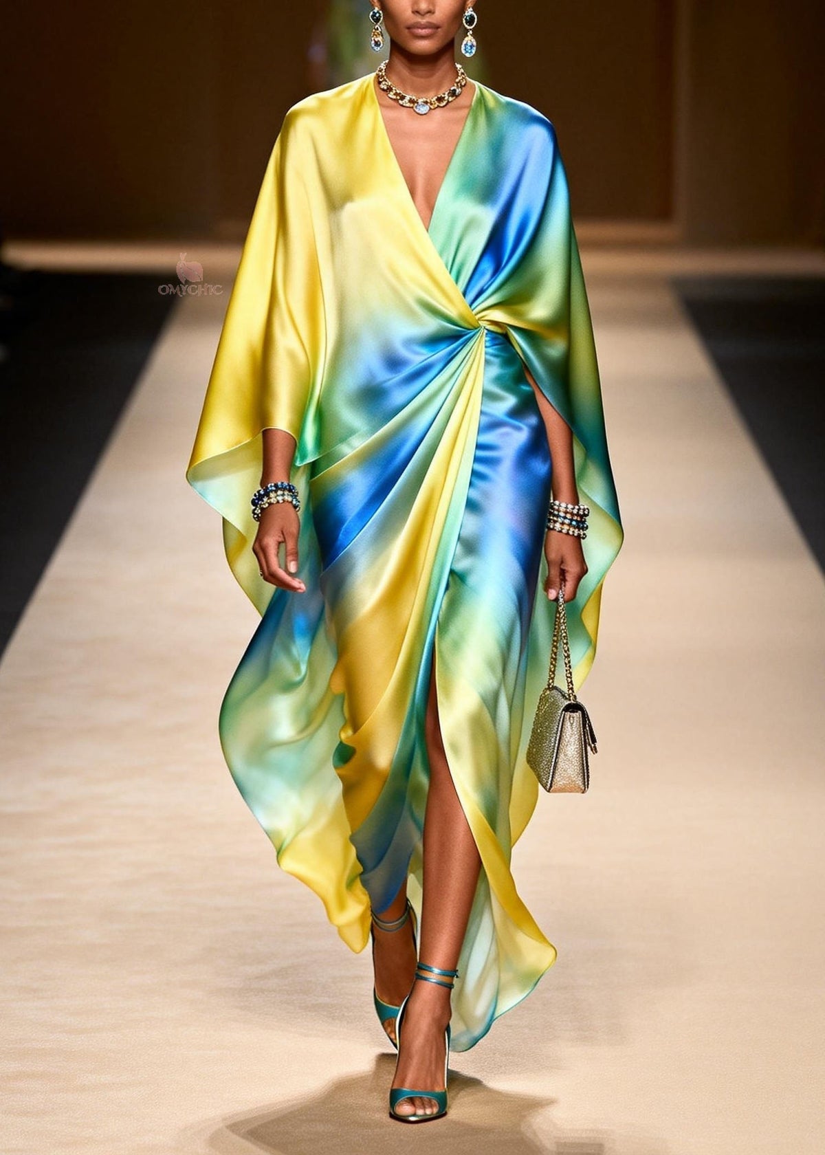 Satin Tie Dye Twisted Waist Deep V-Neck Cape Sleeve Maxi Gown