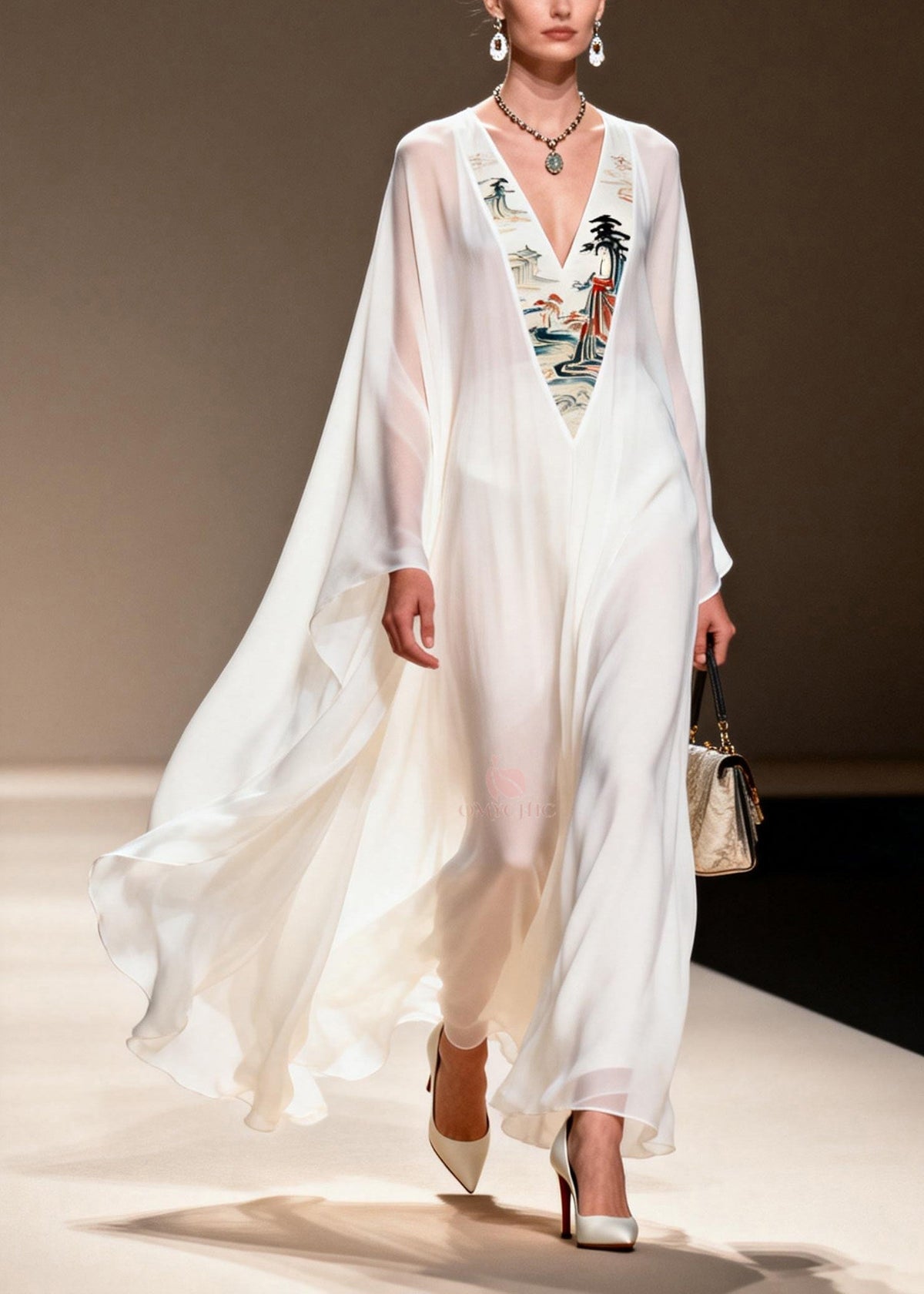 Pagoda Landscape Embroidered Panel Deep V-Neck Cape Maxi Gown