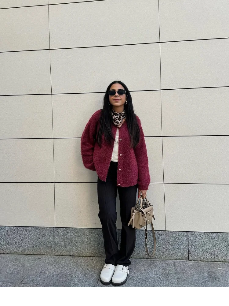 Wine Red Round Neck Button Cardigan
