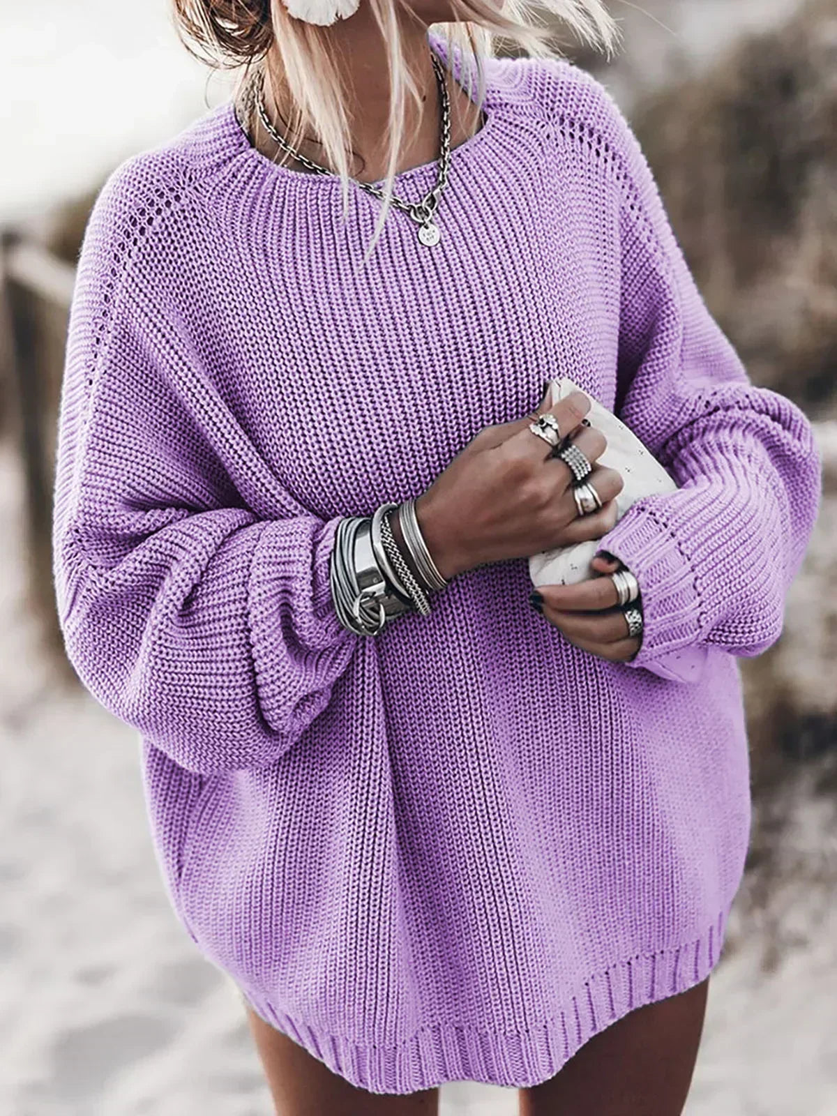 Simple Knit Elastic Winter Sweater Purple / S