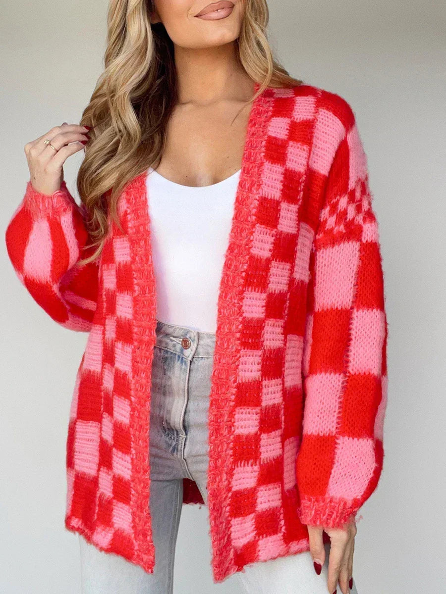Checkered Loose Long Sleeve Open Front Cardigan